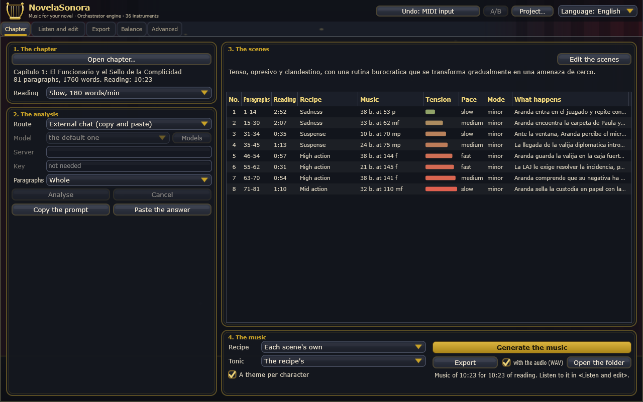 NovelaSonora's Chapter tab: the open chapter, the analysis route, the table of eight scenes with their recipe, tension, pace and mode, and the Generate the music button.