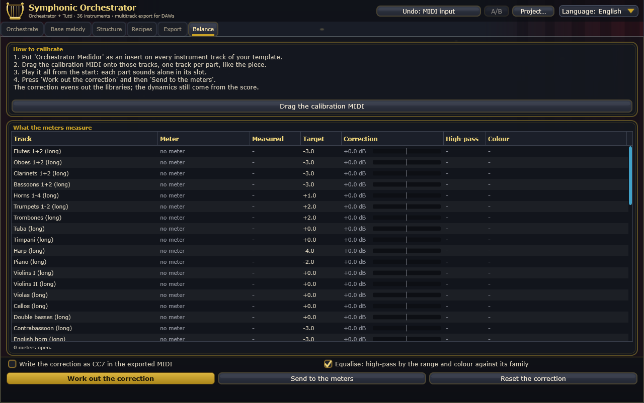 Balance tab: calibration instructions and the table of what the meters measure, part by part, with target and correction.