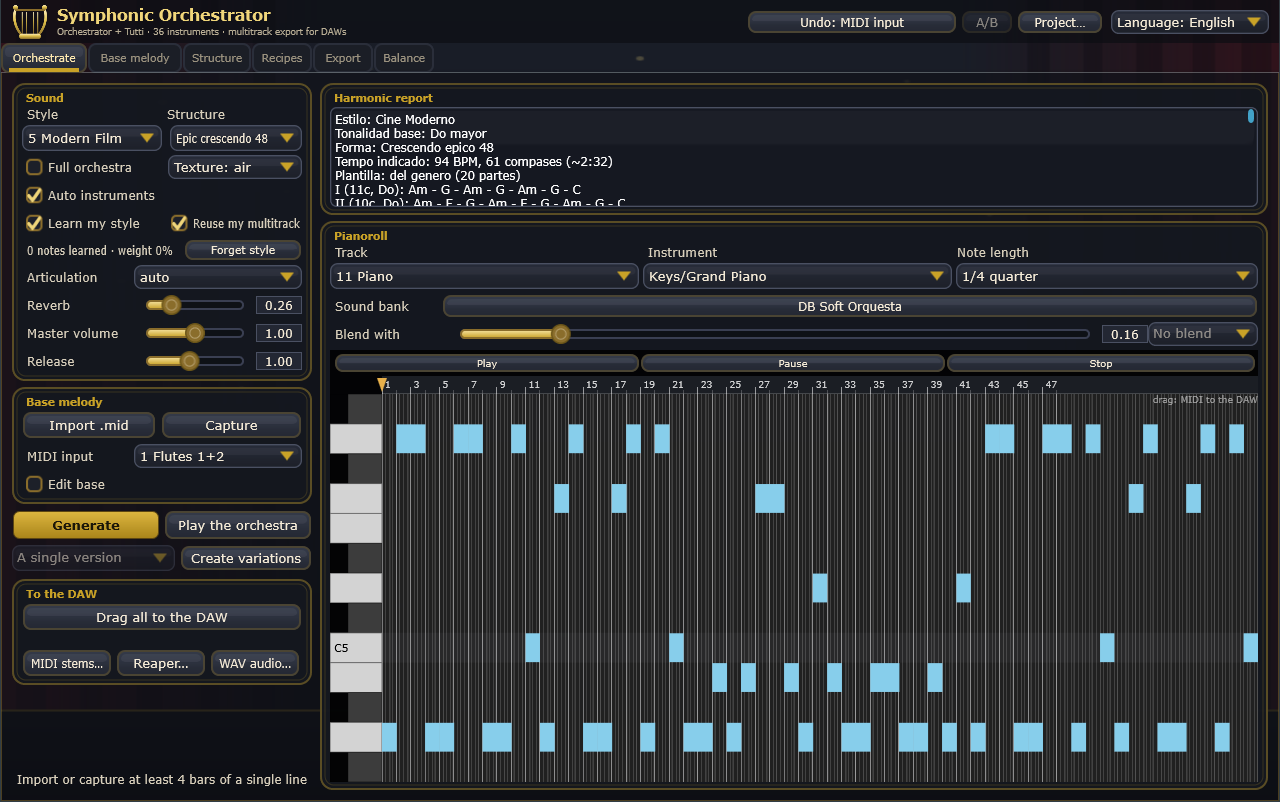 Symphonic Orchestrator window: style and structure controls on the left, harmonic report and piano roll on the right.