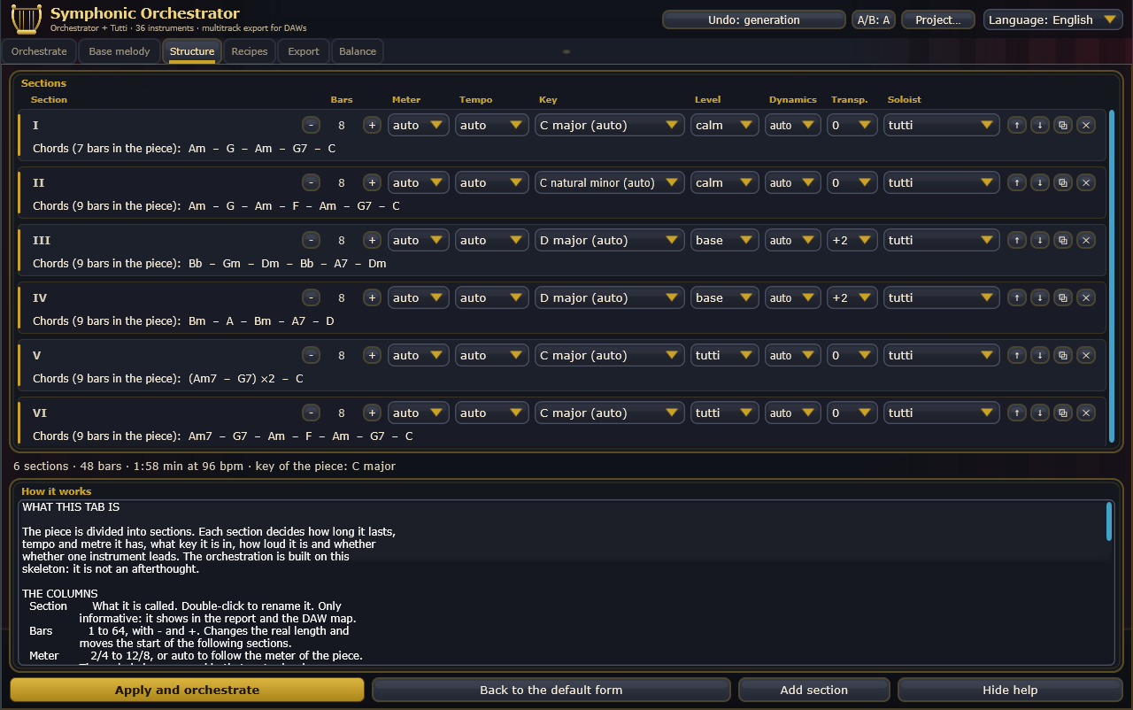 The Structure tab with the help open
