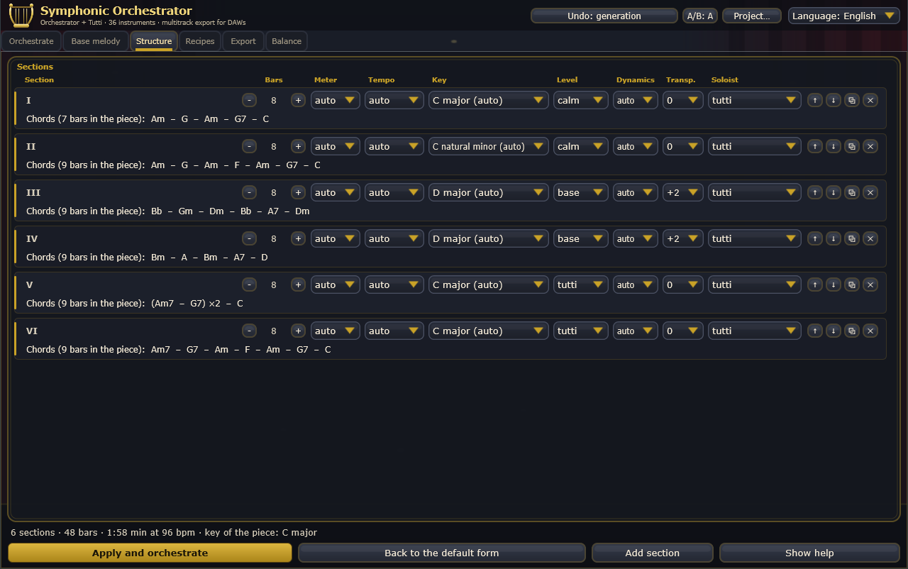 The Structure tab with six sections