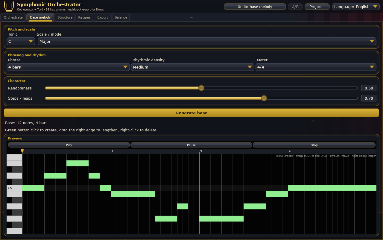 The Base melody tab