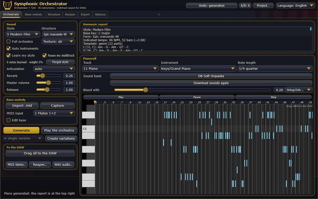 The Symphonic Orchestrator window on the Orchestrate tab