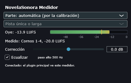 Ventana del Medidor: la parte detectada, la sonoridad en LUFS con su barra, la corrección y el ecualizador.