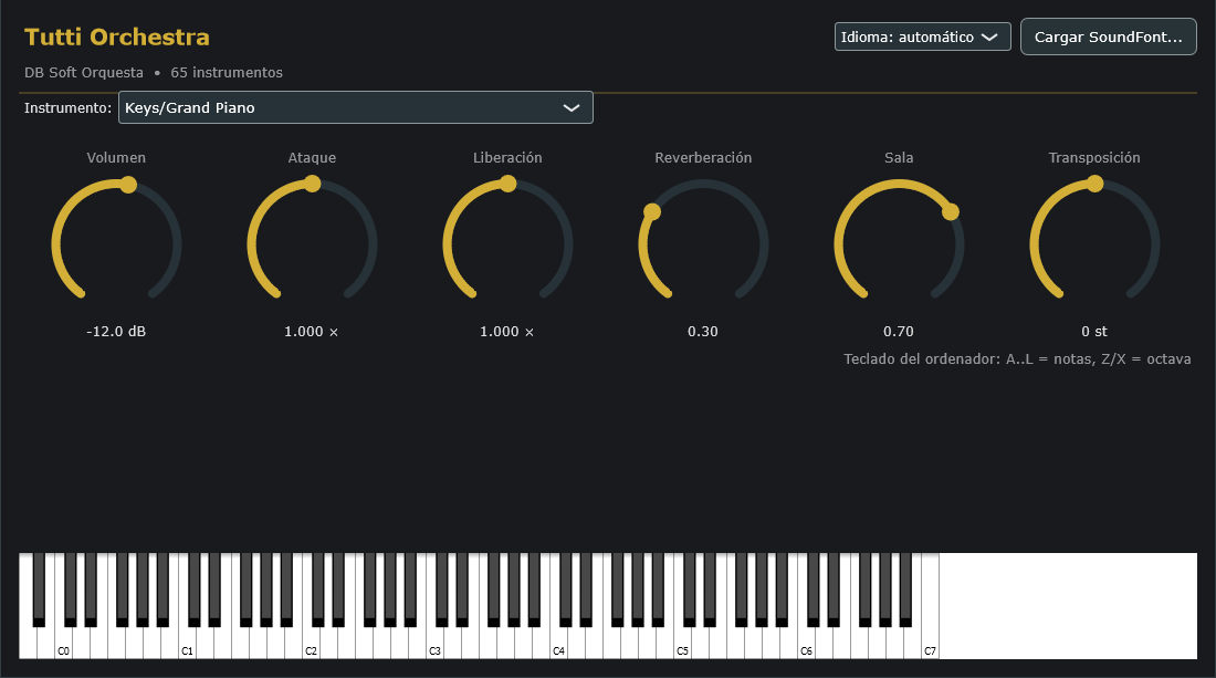 Tutti Orchestra: selector de instrumento, seis mandos de volumen, ataque, liberación, reverberación, sala y transposición, y teclado.